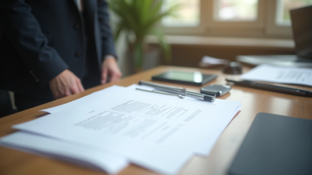 Professional office workspace showing documents and regulatory filing folders organized on a wooden desk with morning natural lighting