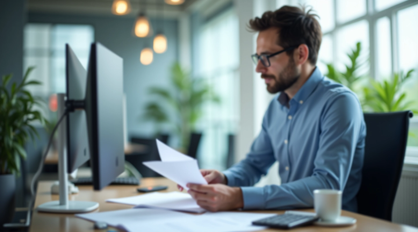 Professional analyzing financial documents on computer with spreadsheet and data visualization displayed
