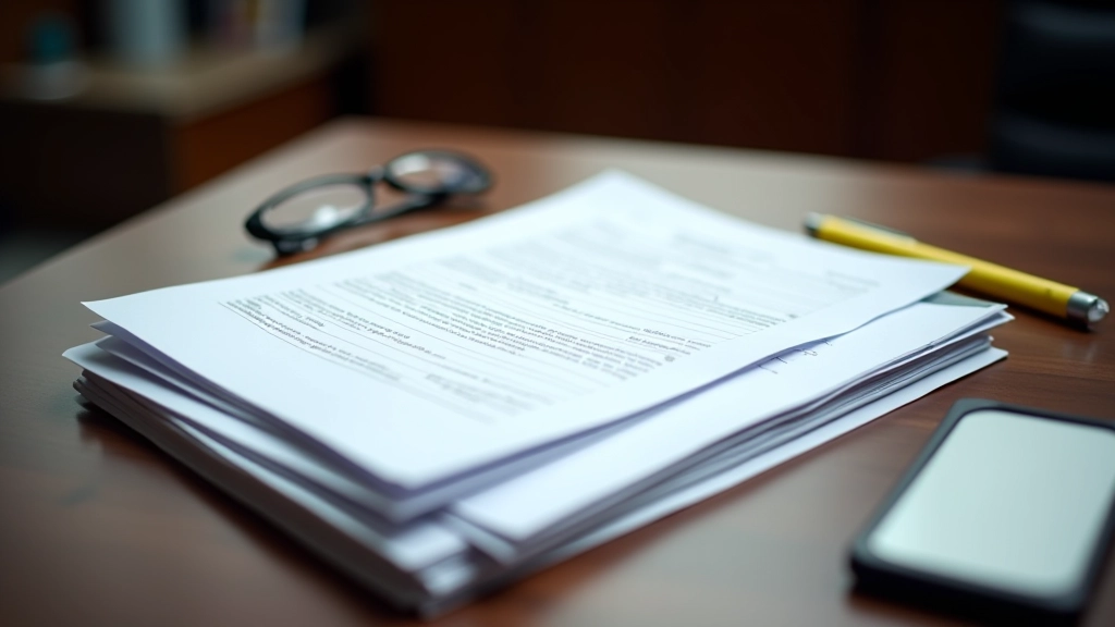 Financial regulatory documents spread across wooden desk with highlighter and notes showing key sections and analysis